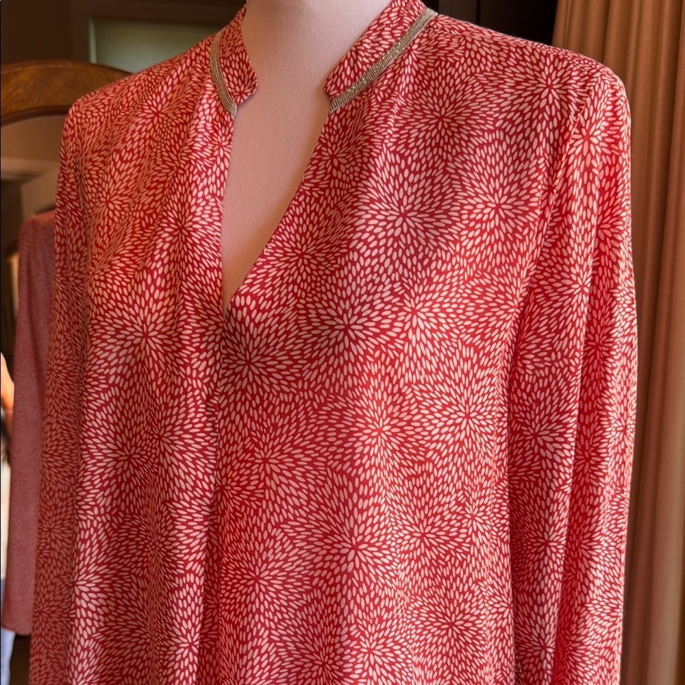 Red Long Sleeve Relaxed Blouse with Beaded Mandarin Collar - Picture 2 of 13